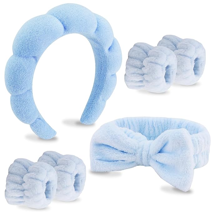 VELSCRUN 6 Pack Spa Headband, Makeup Headband, Face Wash Headbands, Skincare Headbands, Blue Sponge Hair Band Bow Tie Spa Head Band for Washing Face Wristband Set Hair Accessories for Women Gifts