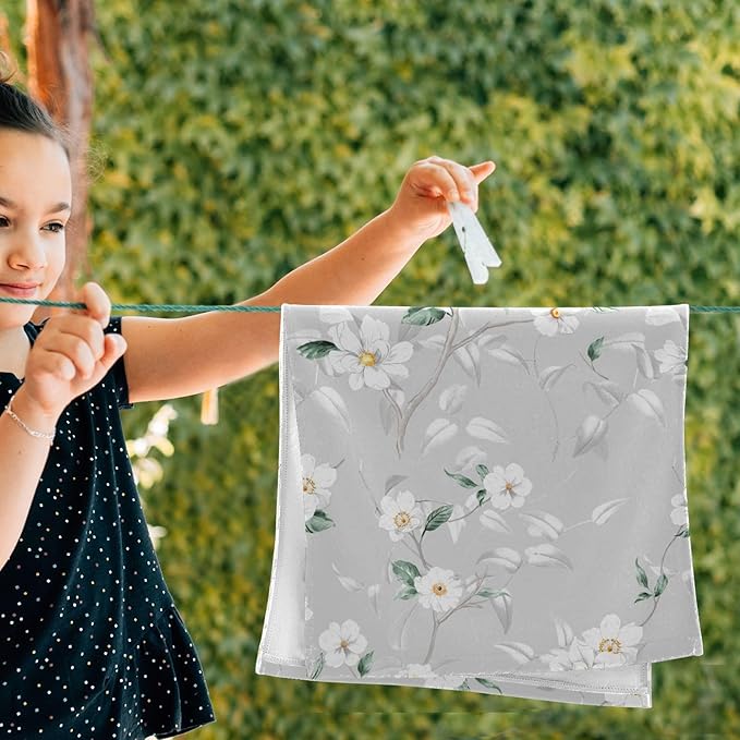 White Grey Blossom Flower Hand Towels for Bathroom Set of 2,Gray Green Leave Branches Floral Decorative Bathroom Towels for Bath,Face,Hair,Soft Absorbent Dish Towels for Kitchen Decor 28"x14"