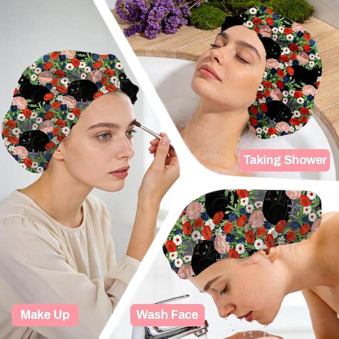 Black Cat Reusable Shower Cap Flower Double Layer Waterproof Shower Caps Large Elastic Hair Cover Adjustable Hair - Drying Caps for Woman Man Bath SPA Travel One Size Fits Most