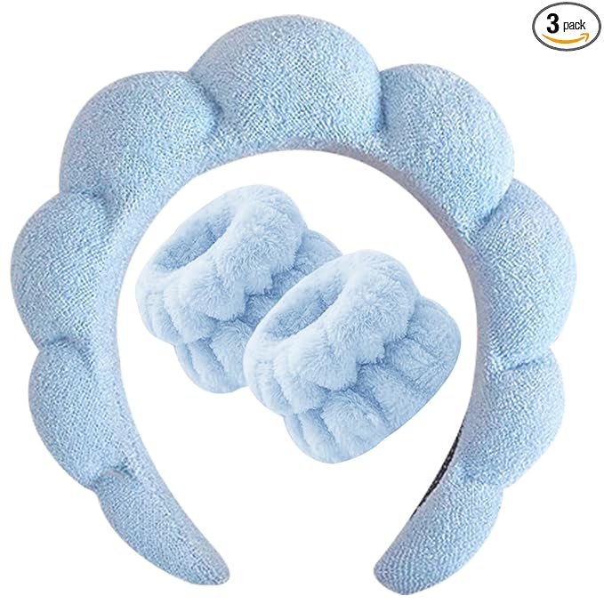 Beleki Spa Headband for Washing Face, Sponge Makeup Skincare Headband & Wristband Set Non Slip Headbands Soft Puffy Headwear Hair Accessories for Women Girls, Blue