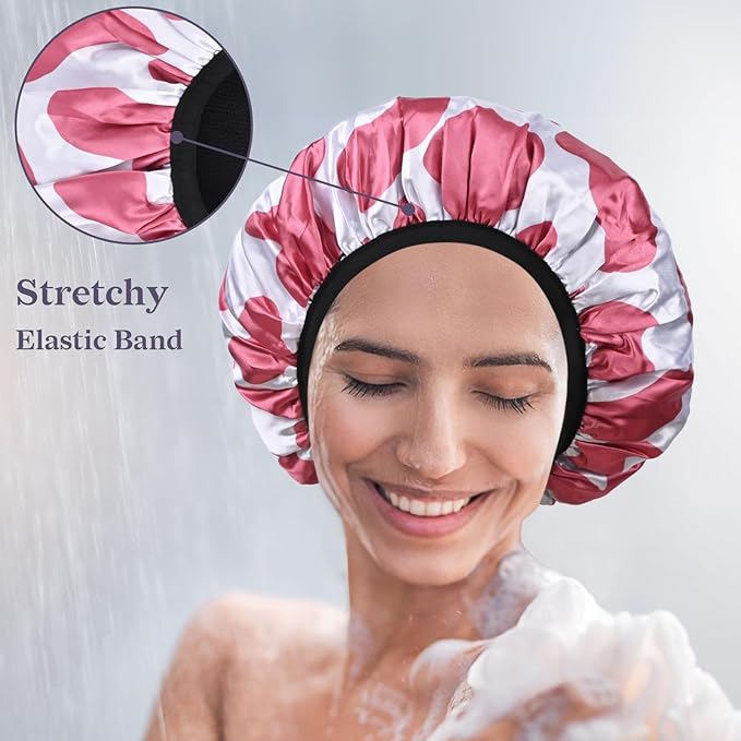 Hot Pink Cow Print Satin Shower Cap, Three-Layer Terry Cloth Lined, with Silk Hair Ties, Microfiber Waterproof Reusable Large Size Shower Cap for Women Long Thick Hair