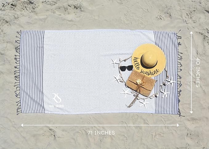 RAY SILVER Turkish Beach Towel – 100% Turkish Cotton 40"x71" Quick Dry Oversized Beach Towel Sand Free Lightweight Turkish Towel for Travel Camping Bath Sauna Beach Pool Gym Yoga