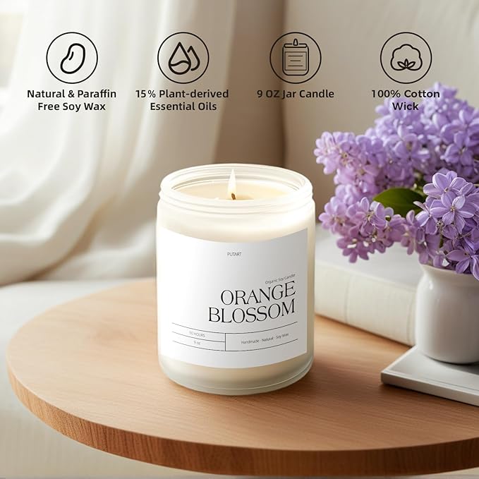 Orange Blossom Candles for Home Scented, Natural Soy Wax Aromatherapy Non Toxic Candle for Stress Relief, Long Burning & Lasting Candle Gifts for Halloween, Birthday, Christmas, Thanksgiving