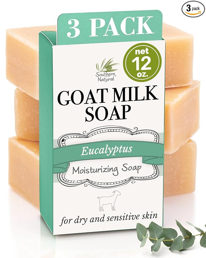 Southern Natural Goat Milk Soap Bar (Eucalyptus 3 Pack) For Dry Sensitive Skin. Natural, Handmade Soap For Men, Women, Kids & Baby. Use On Face & Body