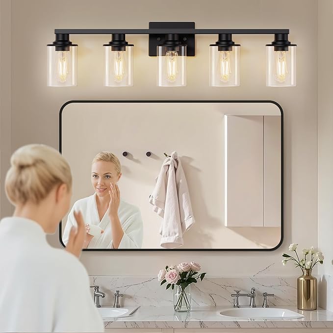 L LOHAS LED 5-Light Bathroom Light Fixtures Over Mirror, Black Bathroom Vanity Lights with Clear Glass Shade, Modern Vanity Lights for Bathroom Living Room Hallway Bedroom