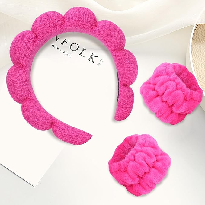 Beleki Spa Headband & Wristband Set - Sponge Terry Cloth Bubble Puffy Hairband - Non Slip Headwear - Hot Pink - 3 Pcs