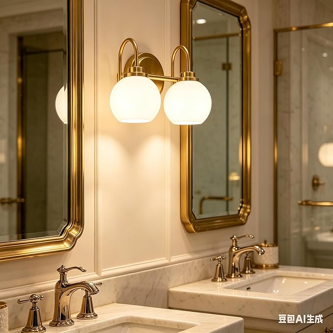 AKEZON Bathroom Light Fixtures 2-Light Brushed Gold Vanity Light, Modern Bathroom Wall Sconce with Milky White Frosted Glass Shade for Mirror Bedroom Hallway