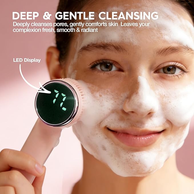Electric Face Scrubber with Led Display & Facial Cleansing Brush - 6-in-1 Exfoliating Kit, 3 Speeds, IPX6 Waterproof Face Brush for Deep Cleaning, Massage & Gentle Exfoliation-Pink