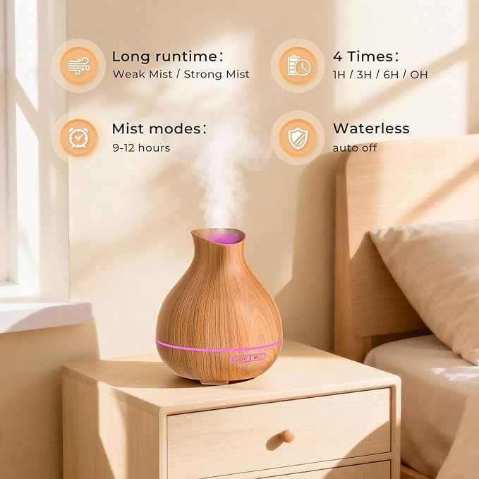 BZseed Aromatherapy Essential Oil Diffuser 550ml 12 Hours Wood Grain Aroma Diffuser with Timer Cool Mist Humidifier for Large Room, Home, Baby Bedroom, Waterless Auto Shut-off,7 Colors Lights Changing
