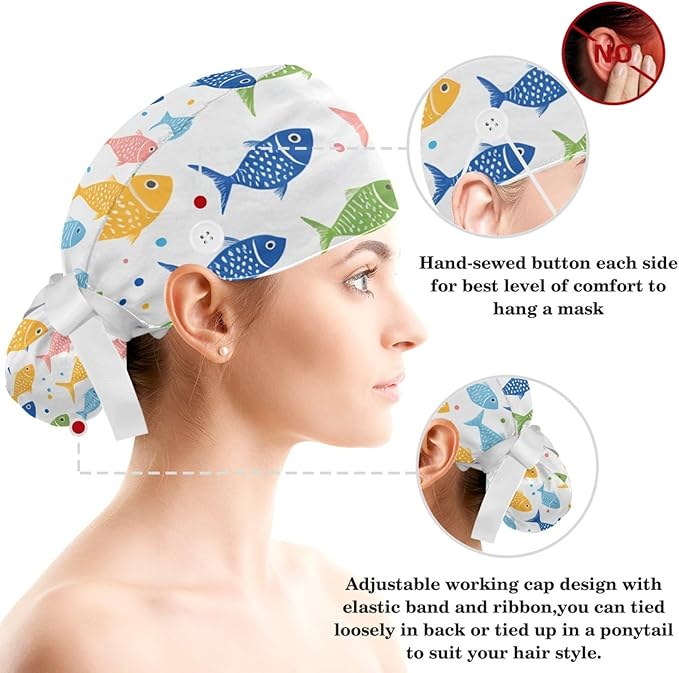 Scrub Caps Women Ponytail Cute Pink and White Leaves Caps Bouffant Working Hat Elastic Tie Back Hats with Button
