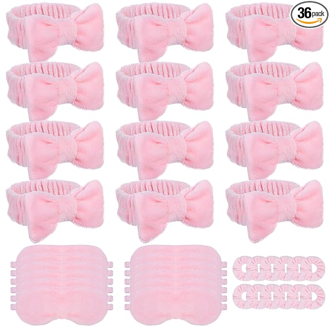 36 PCS Spa Headband Bulk, Girls Spa Headband Pink Makeup Headbands Eye Mask Coral Fleece Scrunchies Sleepover Party Supplies Slumber Party Supplies for Girls for Women and Girl Gifts