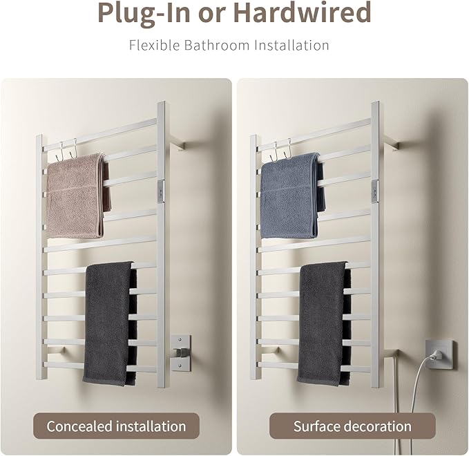 Wall Mounted Towel Warmer Square 10 Bars with Plug-in and Hardwired Options 3 Working Modes Brushed Stainless Steel 21" W 34" H