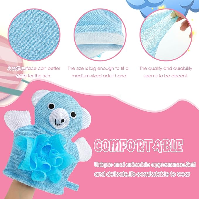 Bath Gloves Loofah for Kids, 2 Pcs Cute Animal Kids Sponges Shower Gloves Loofah Colorful Exfoliating Body Scrubber for Baby Gentle Soft and Easy to Lather (Blue Bear, Green Frog)