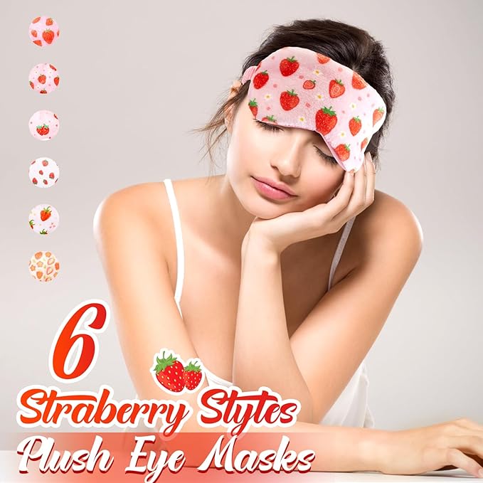 Cuffbow 6 Pack Plush Sleep Mask Set, Cute Plush Eye Masks for Sleeping, Soft Comfortable Travel Nap Blindfold, Sleepover Party Favors for Women(Strawberry,Pink)