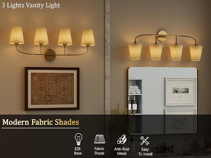 4-Light Bathroom Light Fixtures, Gold Bathroom Vanity Light Over Mirror, Modern Light Fixtures with Flared Fabric Shade for E26 Bulbs, Wall Sconce Light for Bedroom, Hallway with ETL