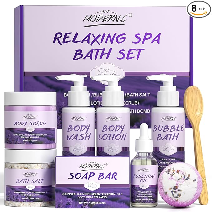 Relaxing Bath Gift Set for Women 8pcs Lavender Spa Gift Set Gift Baskets for women Mom Wife Sister Teen Best Friend Christmas Birthday Valentine's Mother's Day with Lavender Essential Oil Shea Butter