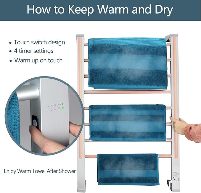 ELEGANTLIFE Electric Towel Warmer for Bathroom, Heated Towel Rack with Timer & Auto Shut-Off, Freestanding or Wall-Mounted Aluminum 8-Bar Design for Towels and Bath Sheets
