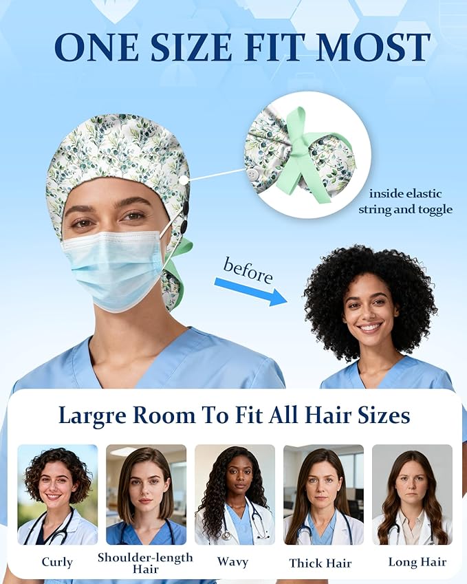Plifal 100% Cotton Scrub Cap with Buttons-Nurse Cap with Sweatband for Women, Adjustable Working Hat,Satin Lined or Unlined