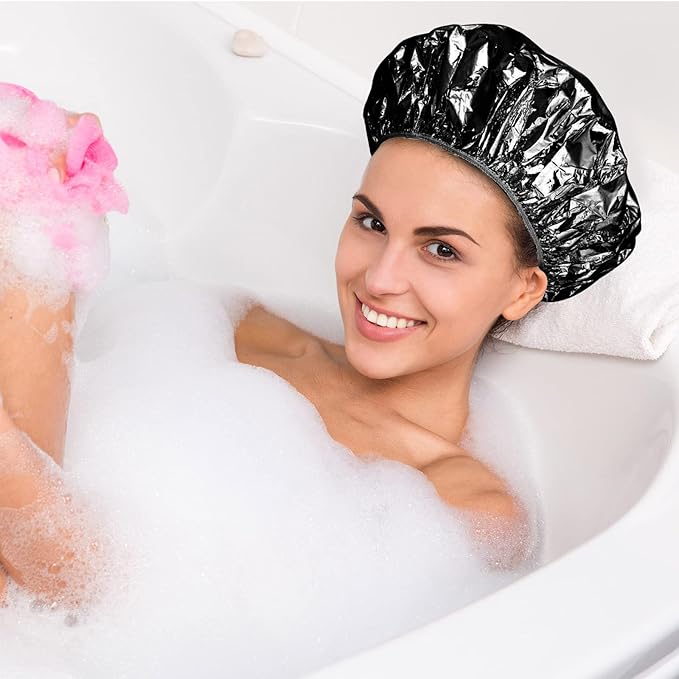 12 Pieces Deep Conditioning Caps Aluminum Foil Reusable Hair Processing Hair Coloring Shower Caps for Home Salon Use(12 Inch,Black)