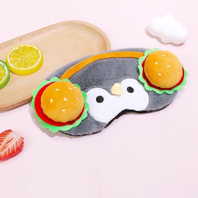 PERFECTSIGHT Sleep Eye Masks, Cute Penguin Plush Sleep Eye Cover Lightweight Adjustable Eyeshade Faux Fur Mask Cover for Women Men Sleep Travel Nap, Burger Headphone