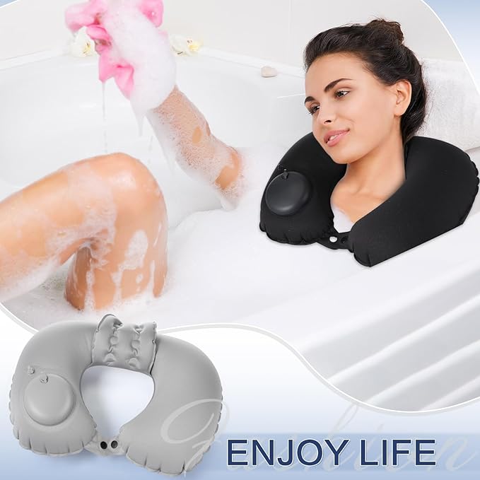 Colingmill 2 Pcs Inflatable Bath Pillows for Tub Bath Head and Neck U Shaped Blow up Full Body Travel Pillow with Adjustable Button Grey and Black Bath Tub Pillows for Airplanes Shower Spa