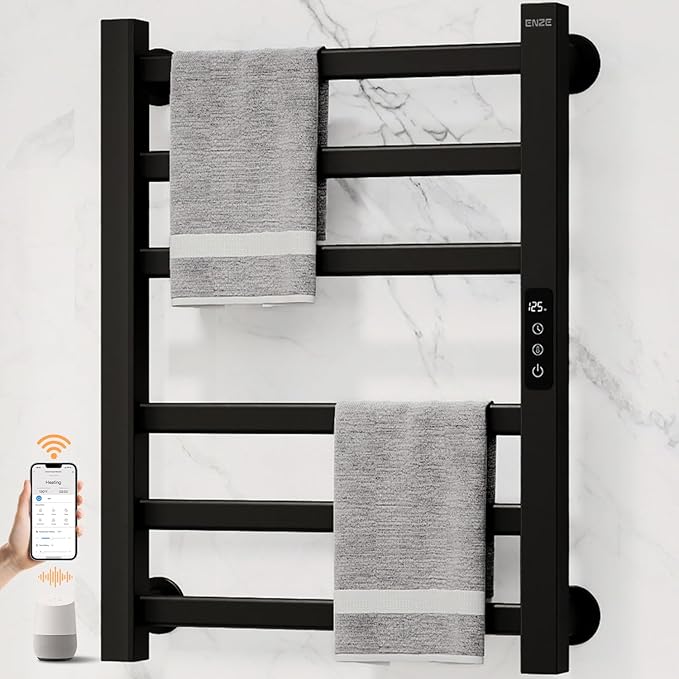 ENZE Smart Heated Towel Rack, 6-Bar Wall-Mounted Electric Towel Warmer 150W, Wi-Fi App Control & LED Touch Screen, Adjustable Temperature & 24H Timer, IPX5, Plug-in/Hardwired, Matte Black