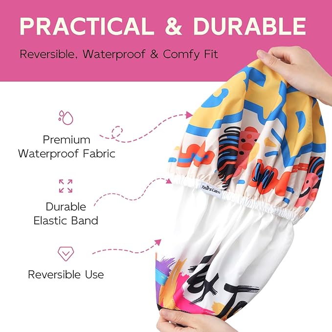Years Calm Waterproof Shower Cap for Women - Double Sided Design for Long Thick Hair, Secure Fit & Flexible Elastic Band, Reusable Bath Cap for Shower, Spa, Travel (Mood Switch 4)