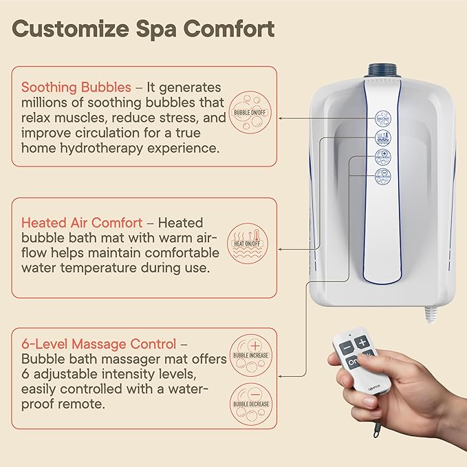 Bubble Bath Massager Mat for Bathtub, 47.24" x 14.57" Full-Body Heated Air Spa with 6-Level Adjustable Bubbles, Non-Slip Waterproof Design, Remote Control, For Stress, Muscle Relief & Relaxation, Blue