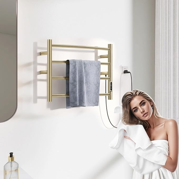Heated Towel Racks for Bathroom, Wall Mounted Electric Towel Warmer Racks with Timer & Temperature Control,Heater for Bathroom, Brushed (Round-Brushed Gold, 4 Bars)