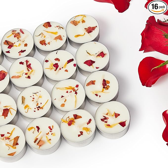 16 Pack Rose Tealight Candles with Real Dried Petals, Natural Soy Wax, 6-Hour Burn Time for Home, Wedding or Bath Decor