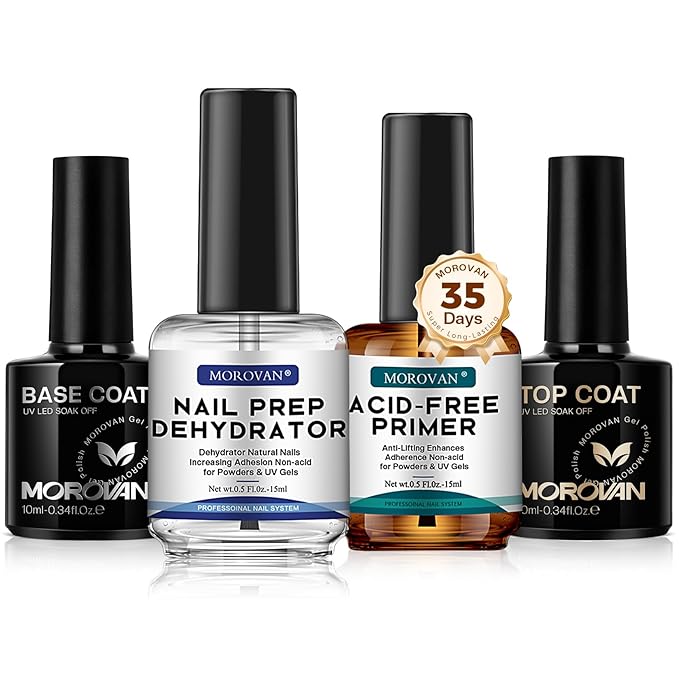 Morovan Nail Dehydrator and Primer with Gel Base & Top Coat Set 4PCS Professional Fast Dry Acid Free Supplies Primer for Acrylic & Gel Nail Polish Gifts
