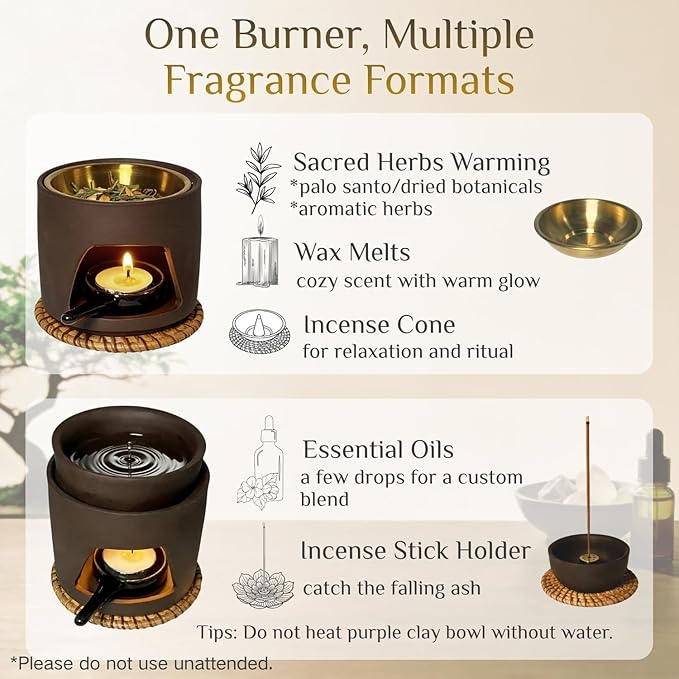 5 in 1 Incense Diffuser & Holder Set, Ceramic Aromatherapy Burner for Incense Sticks and Dried Herbs, Multi-Use Wax Warmer for Bedtime Calm, Yoga, Unique Mother Gift
