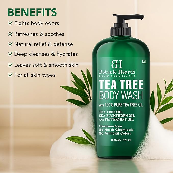 Botanic Hearth Tea Tree Body Wash -16 fl oz- All-Natural & Odor-Control Shower Gel for Acne, Athlete’s Foot, Ringworm, Jock Itch & Healthy Skin, Sulfate & Paraben Free, for Men & Women