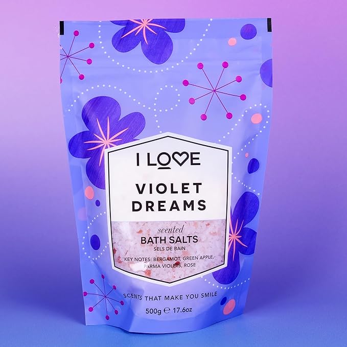 I LOVE Violet Dreams Bath Salts - Calming Bath Soak with Violet and Rose Fragrance - Relaxing Bath Salts for Sleep - Skin-Softening Formula - 17.6 oz