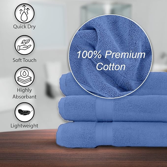 KAHAF COLLECTION 100% Cotton Bath Towels, 24x48 Pack of 6 Towels, Quick Dry, Highly Absorbent, Soft Feel Towel, Gym, Spa, Bathroom, Shower, Pool, Luxury Soft Towels (Blue, 24x48-6 Pack)