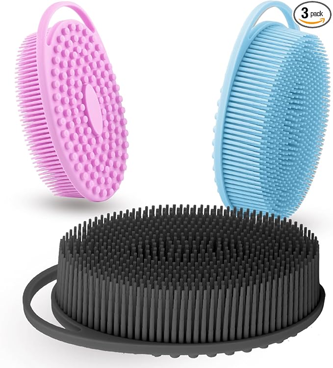 Silicone Body Scrubber 3 Pack Silicone Loofah Exfoliating Body Scrubber Soft Silicone Shower Brush with Handle Double Sided Bath Body Brush for Women Men Cleaning Massage Sensitive Skin, Lather Well
