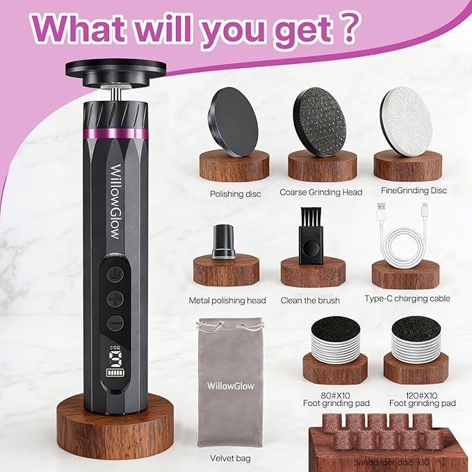 Professional Electric Foot Callus Remover, 9-Speed Cordless Foot File with Reusable Nano Glass Heads & Sandpaper for Dead Skin Removal and Smooth Feet