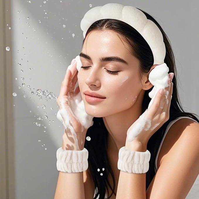 2Pcs Spa Headband for Washing Face & 1 Pair Wristband Set - Sponge Makeup Skincare Headband, Terry Cloth Bubble Soft Hairband, Puffy Padded Non-Slip Thick Hair Accessory for Women & Girls (Beige)