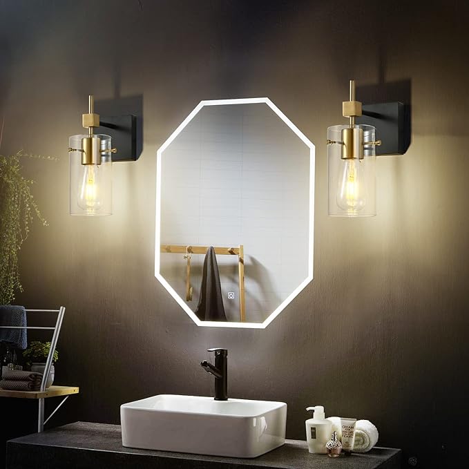 SOLFART 1 Light Vintage Vanity Light Bathroom Light Fixture Over Mirror for Bath Glass Shade Wall Light Black and Brass Lighting Fixture