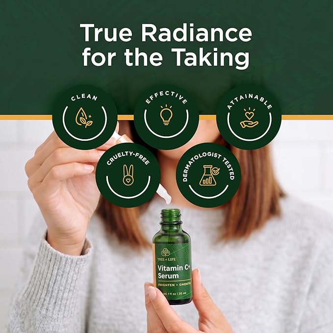 Tree of Life 20% Vitamin C+ Serum For Face with Vitamin E - Brightening & Hydrating Face Serum for Dark Spots, Fine Lines & Anti Aging - Dermatologist Tested, 1 Fl Oz - Mothers Day Gifts