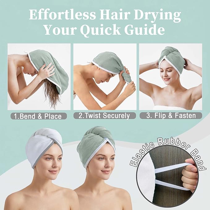 VOOVA & MOVAS Light Gray & White Microfiber Hair Towel Wrap for Women 2Pcs, Super Absorbent Quick Dry Hair Towels for Wet Hair After Shower, Soft Lightweight Hair Wraps
