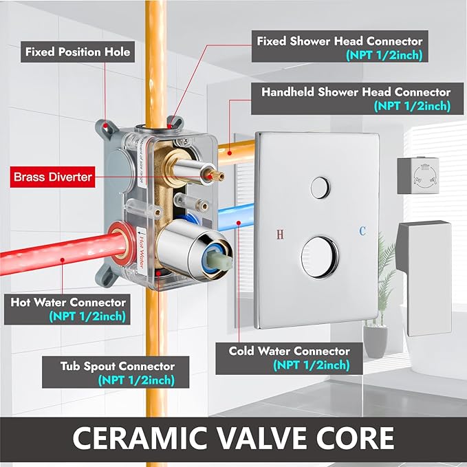 Midanya Shower System with Tub Spout,Bathtub Shower Faucet Set with Square Rainfall Head and Handheld Sprayer Wall Mount Tub Faucet Set with Valve and Trim Kit,8 Inch Polish Chrome
