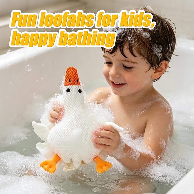 Kids Loofah, Cute Cartoon Animal Kids Bath Sponge with Hanging Rope, Soft Double Mesh for Rich Lather (Big White Goose)