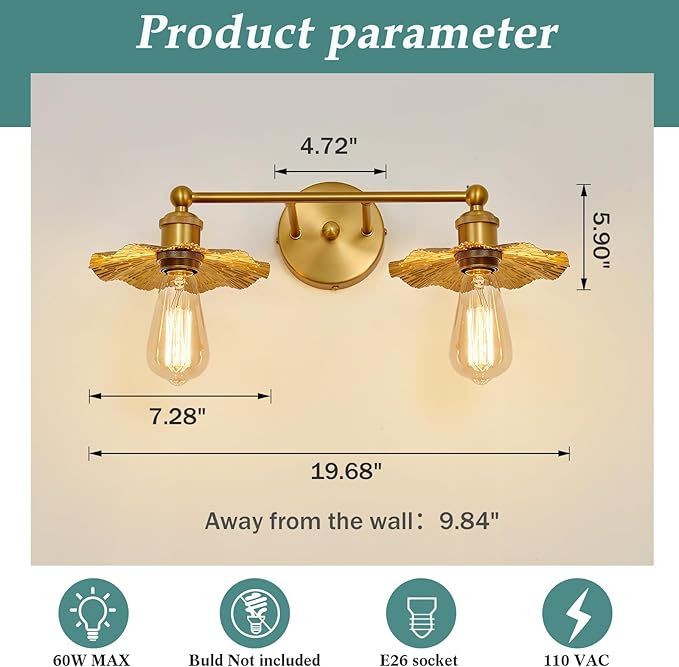 ZGLAOJT 2 Light Vintage Vanity Light Gold Bathroom Light Fixtures Over Mirror.