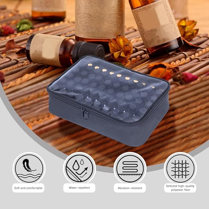 Essential Oils Carrying Case Holds 60 Grids for 1-3ML Roller Bottles 5ml, 10ml, 15ml Bottles Storage Organizer Bag Transparent, Essential Oil Bag with Detachable Sponge Pad Black