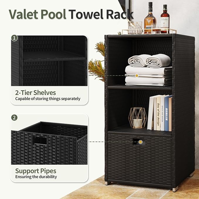 Outdoor Pool Towel Rack Cabinet, Rattan Wicker Pool Storage Bins Storage Organizer, 2 Layer Shelf Hot Tub Spa Accessories, 47in, Black
