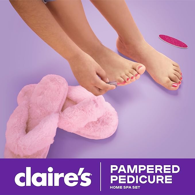 Claire's Kids Pedicure Kit, 7-Piece Home Spa Set with Fuzzy Slippers, Nail Polish, Toe Separators & Nail File, Kids Pedicure Tools for Feet, Girl Toys & Beauty Activity, Gift for Girls Age 8+