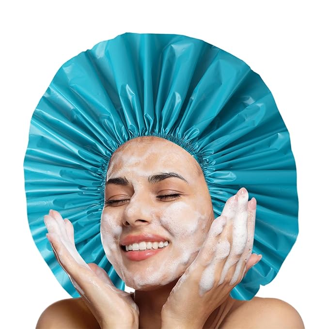Jumbo Size Shower Cap 2 PCS Waterproof Shower Caps for Women, Extra Large Shower Cap, Reusable Super Large Bath Caps Hair Cap for Long Thick Curly Hair, Locs, Twist Braids - Grey+Blue-Green