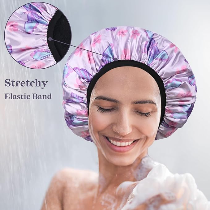 Purple Butterfly Print Satin Shower Cap, Three-Layer Terry Cloth Lined, with Silk Hair Ties, Microfiber Waterproof Reusable Large Size Shower Cap for Women Long Thick Hair