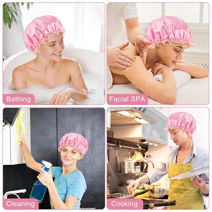 Waterproof Shower Caps for Women, Solid Color Dual-Layer Elastic Band Design Bath Hair Hat, Protects Hair In Shower, Spa, Cooking, Clean & Travel (Pink)